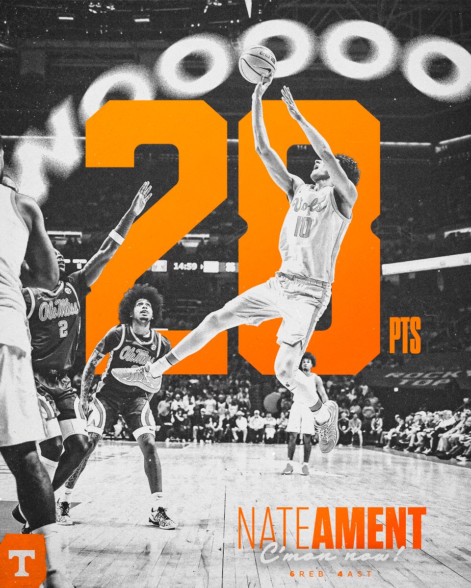 Vol_Hoops's tweet photo. Nate Ament's second half vs. Ole Miss:

26 PTS / 8-10 FG / 2-2 3FG 🔥 https://t.co/0KMw19XBfp