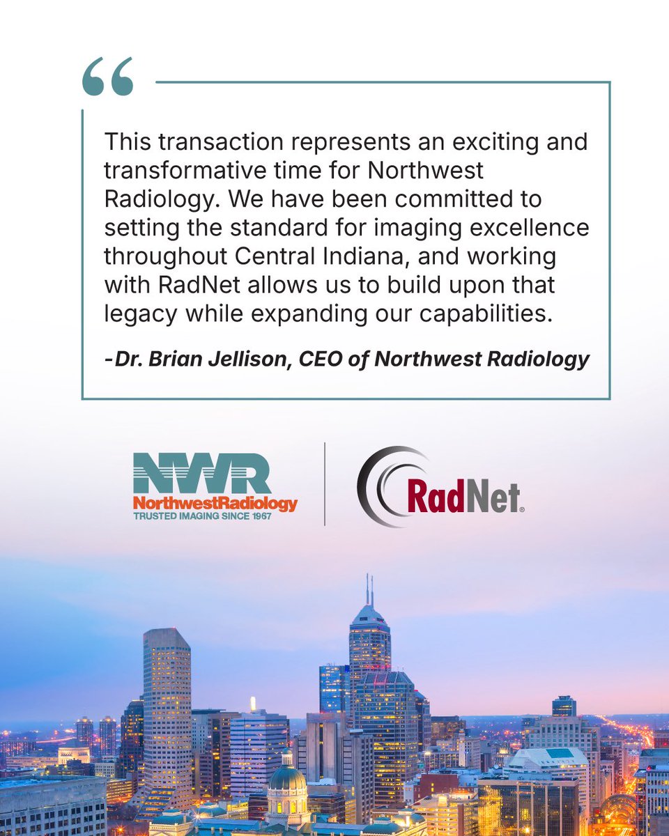 NWR_Indiana's tweet photo. We’re excited to share that Northwest Radiology has joined @RadNet, the nation’s leading outpatient imaging provider! You’ll still see the same trusted name, same great staff, and same exceptional care, now with more advanced technology and innovation. #RadNet #NorthwestRadiology https://t.co/iD5bwWJH8h