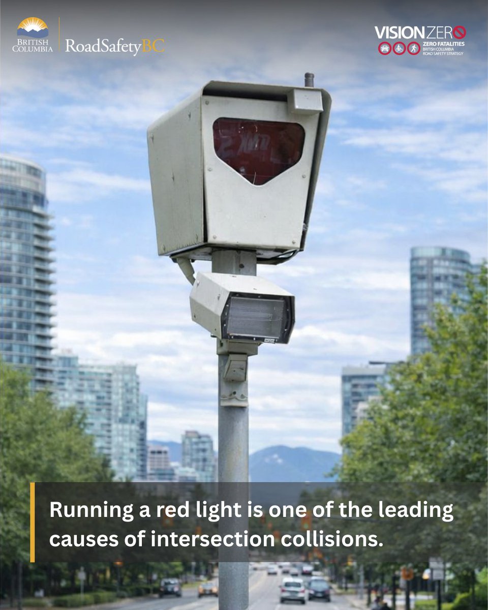 RoadSafetyBC's tweet photo. Most crashes happen at #intersections. 
In 2024, more than 80,000 red light camera violation tickets were issued. Running a red light is one of the leading causes of intersection collisions. 
✅ Stop at the light.  
✅ Save lives.

#IntersectionSafetyCamerasBC https://t.co/ze2SPdCkqB
