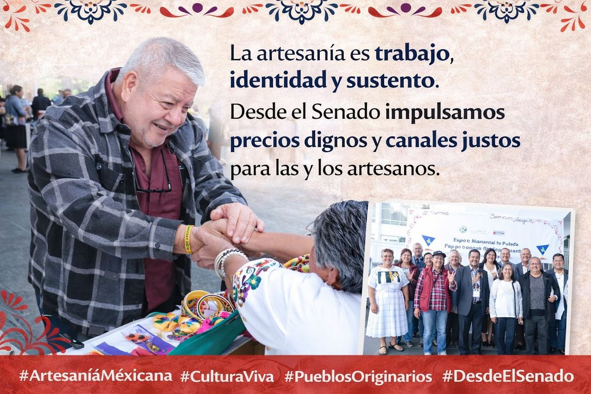 ManuelHuertaLdG's tweet photo. Desde el @senadomexicano acompañamos la Expo Venta Artesanal de Productos de Puebla, porque la artesanía no sólo es cultura: es trabajo, identidad y sustento para miles de familias.

Puebla demuestra aquí la grandeza de su pueblo, su creatividad y su tradición. Este esfuerzo fue impulsado por la senadora @LauraI_Castillo, veracruzana y presidenta de la Mesa Directiva del Senado, a quien reconozco por abrir este espacio a la cultura viva de nuestros pueblos.

Como senador por Veracruz, refrendo que no basta con admirar o comprar: es momento de impulsar precios dignos, abrir canales justos de comercialización y defender la cultura colectiva que vive en cada pieza artesanal.

Mi compromiso es claro: que el Senado se involucre más en la defensa y el fortalecimiento de las y los artesanos, no sólo como expresión cultural, sino como parte de una economía con justicia.

Seguimos caminando con el pueblo y con sus raíces. ✊🏽

#ArtesaníaMexicana #CulturaViva #PueblosOriginarios #DesdeElSenado #Veracruz #TransformaciónConPueblo