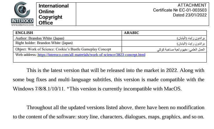 SwoneVial's tweet photo. @EliasDaler @Mobeelsuito It also had a full document explaining their intentions, the plans for an English release, and some screenshots of it.

The extra reason why it didn't get released is due to the copyright woes in the US. https://t.co/g8gc9q6trg