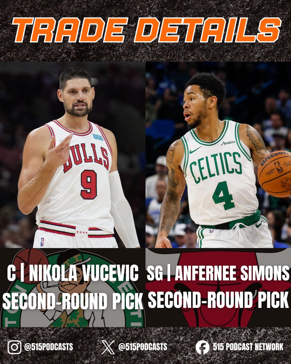 515Podcasts's tweet photo. 🚨 ICYMI! The Chicago Bulls and the Boston Celtics have agreed to a trade involving C Nikola Vucevic and G Anfernee Simons🚨

Vucevic spent the last 6 seasons with the Bulls where he averaged 18.7 PPG and 10.6 RPG. Vucevic is a two-time NBA All Star and has been a consistent anchor for the Bulls since the 2020-2021 NBA season.

What are your thoughts on this move?#Bulls #Celtics #NBATradeDeadline