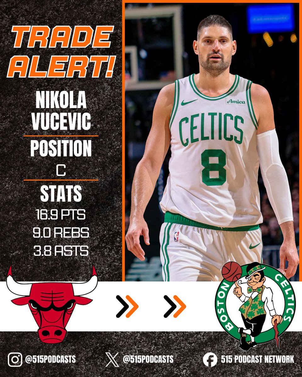 515Podcasts's tweet photo. 🚨 ICYMI! The Chicago Bulls and the Boston Celtics have agreed to a trade involving C Nikola Vucevic and G Anfernee Simons🚨

Vucevic spent the last 6 seasons with the Bulls where he averaged 18.7 PPG and 10.6 RPG. Vucevic is a two-time NBA All Star and has been a consistent anchor for the Bulls since the 2020-2021 NBA season.

What are your thoughts on this move?#Bulls #Celtics #NBATradeDeadline