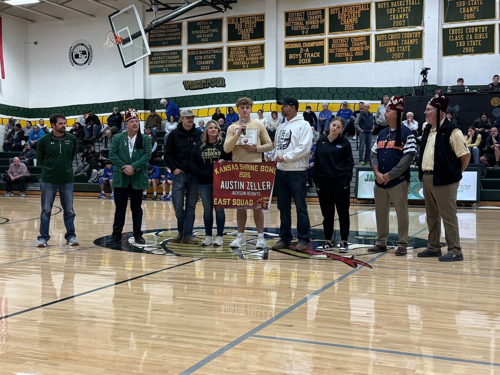Thank you to the Kansas Shiners for their presentation tonight.  Austin Zeller’s has been invited to play in the 53rd annual Kansas Shrine Bowl.