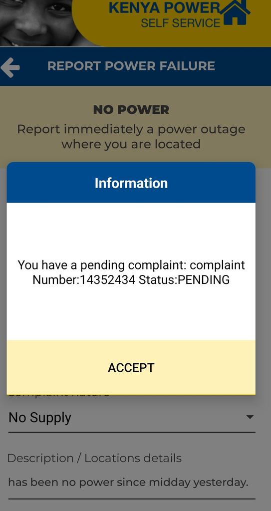 benooz's tweet photo. @KenyaPower_Care No power since yesterday midday. I have reported and nothing has been done https://t.co/1zsmXi0amg