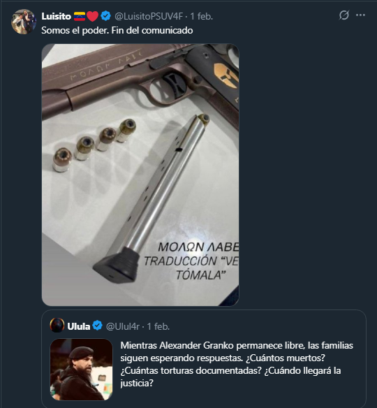 Fantasma_956's tweet photo. 🚨#Patuleitor @LuisitoPSUV4F debe ser neutralizado, por Terrorista Digital. Amenaza públicamente con los Colectivos de Diosdado y Armamento de Guerra a la diplomática Laura Dogu, Encargada de Negocio EEUU, y todos los venezolanos. 🚩@usembassyve @SecRubio @CIADirector #CECOT https://t.co/kzPWms3iaS