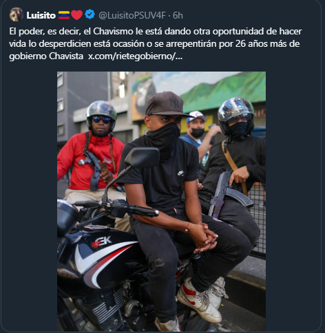 Fantasma_956's tweet photo. 🚨#Patuleitor @LuisitoPSUV4F debe ser neutralizado, por Terrorista Digital. Amenaza públicamente con los Colectivos de Diosdado y Armamento de Guerra a la diplomática Laura Dogu, Encargada de Negocio EEUU, y todos los venezolanos. 🚩@usembassyve @SecRubio @CIADirector #CECOT https://t.co/kzPWms3iaS