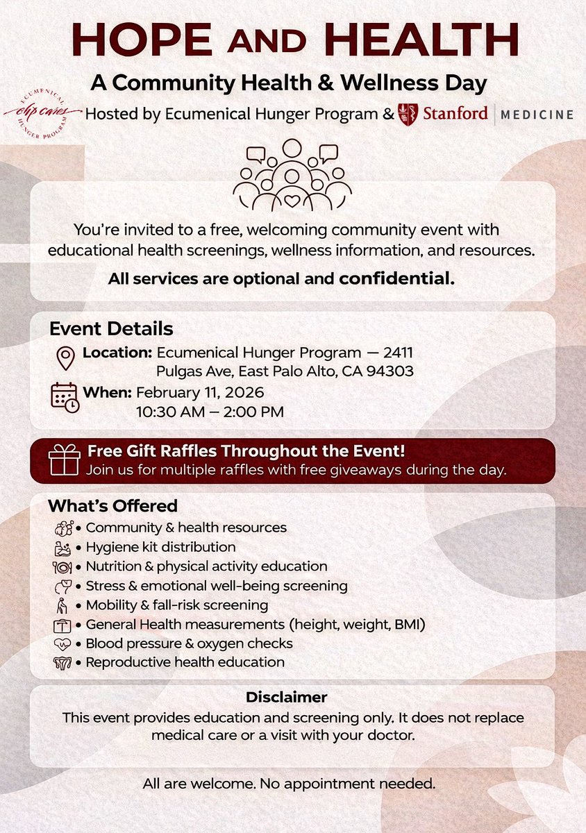 HOPE &amp; HEALTH: A Community Health &amp; Wellness Day 💛
Hosted by EHP + <a href="/StanfordMed/">Stanford Medicine</a> 

📅 Feb 11, 2026 | 10:30 AM–2 PM
📍 2411 Pulgas Ave, East Palo Alto

Free, optional health screenings, wellness resources, hygiene kits &amp; gift raffles.
All welcome. No appointment needed.
#ehpcares