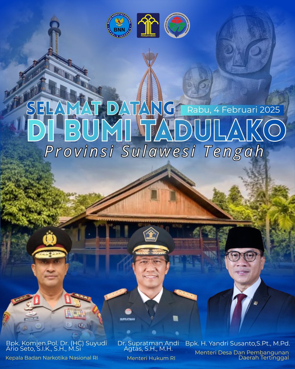 ratnaadityan's tweet photo. Peresmian POSBANKUM SULTENG oleh Menteri Desa PDT H. Yandri Susanto SPt, MPd bersama Menteri Hukum RI Dr. Supratman Andi Agtas. SH., MH, Kepala BNN Komjen Pol. Dr (HC) Suyudi Ario Seto, SIK, SH, MSi
#posbankumdesa
#jagadesakita
#TerimakasihPakMenteriDesa
#PendampingDesaHebat https://t.co/I12jFcJSgC