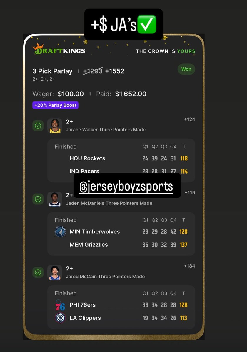 NJboyzsports's tweet photo. AND WE DID IT AGAIN !! 
#GamblingX #SportsBettingX #NBA #3ball #JA #JAR #Jlay #threeball #I #Ball https://t.co/5Rv5tKFJ7b