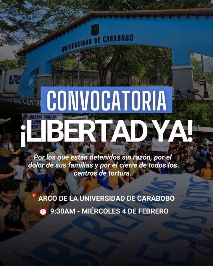 🔵 La Universidad de Carabobo se une para exigir la liberación de los presos políticos

El movimiento estudiantil de la UC convocó una movilización para este miércoles #4Feb en el arco de esa casa de estudios. El objetivo:

"Por quienes están detenidos sin razón, por el dolor de