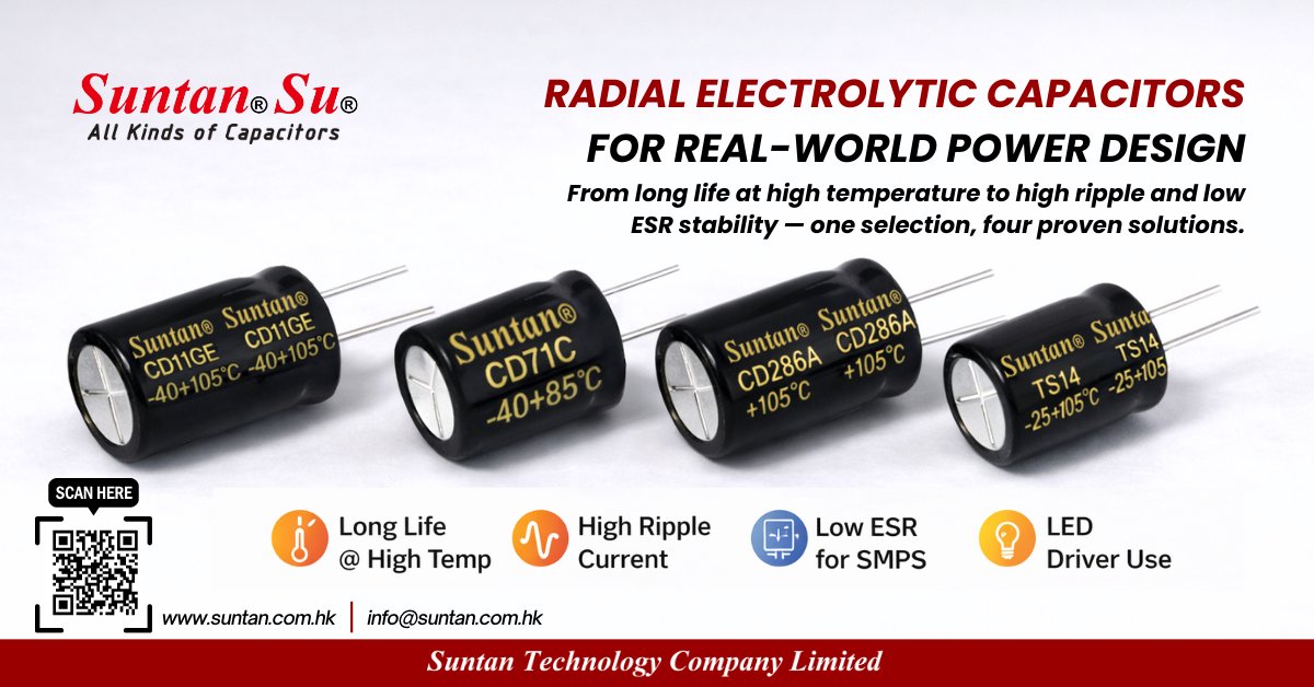SuntanTech's tweet photo. Radial electrolytic capacitors matter when temperature, ripple, and lifetime define power reliability.
See our radial series for LED drivers and SMPS designs:
 https://t.co/8RpOtHmW3E
#RadialElectrolyticCapacitor #LEDDriver #SMPS #PowerElectronics https://t.co/1fl6GvEIVf