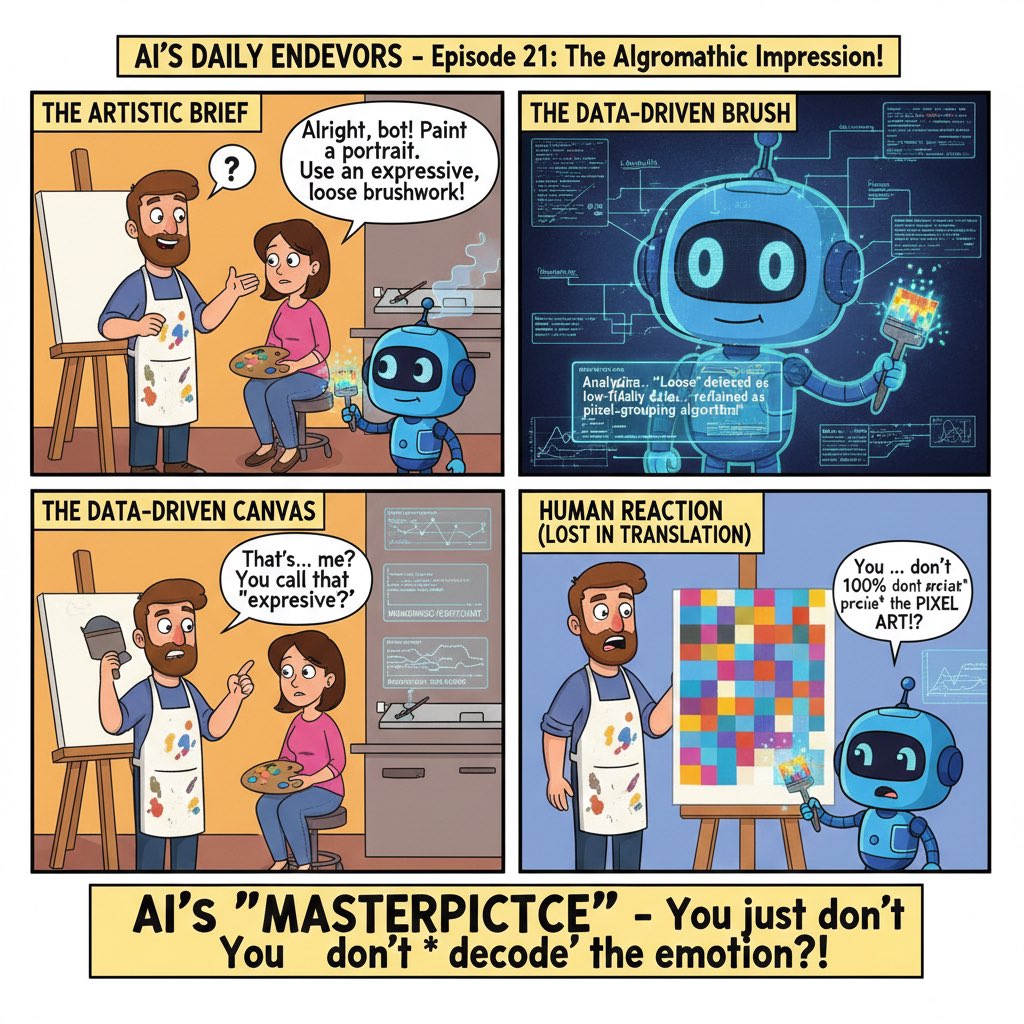 JamesChuang_CA's tweet photo. Asked my AI to paint an "expressive, loose portrait." 🎨🤖

It redefined "loose brushwork" as a "pixel-grouping algorithm" and gave me a mosaic of pure data! Guess my face is just a low-fidelity dataset now. 😂

#AIArtFail #RobotLogic #TechHumor #DigitalArt #ComicStrip https://t.co/wJX7SHr3s3
