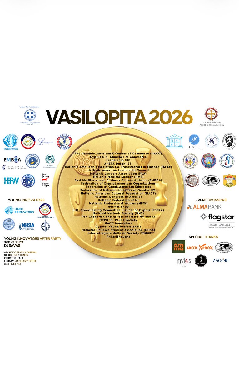 nhshellenics's tweet photo. The National Hellenic Society joined 25 fellow Greek-American organizations for the annual Vasilopita cutting at the Archdiocesan Cathedral in NYC under the Hellenic-American Chamber of Commerce! Thank you Lia and Gina Frankis for representing our organization on Friday!🇨🇾🇬🇷 https://t.co/gt01eGjfpv
