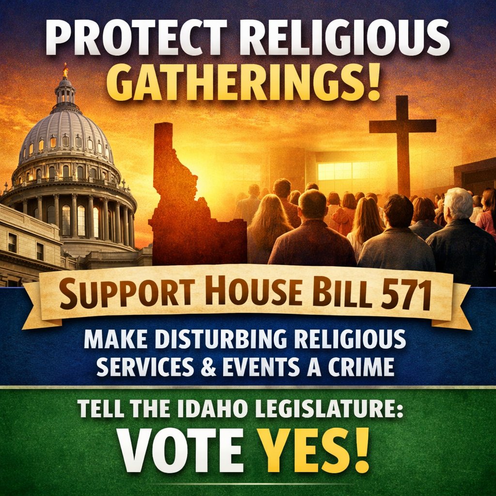 christianfiveoh's tweet photo. Idaho House Bill 571 is moving through the legislature right now.HB 571 strengthens Idaho law by clearly prohibiting the intentional disruption of religious worship, meetings, and events, whether they take place inside a church or at an off-site location used for religious gatherings.This is about protecting the ability of people to worship, meet, and gather without harassment, intimidation, or interference.We’re asking Idaho legislators to vote YES on House Bill 571 and affirm that religious gatherings deserve the same respect and protection as any other lawful assembly.Please contact your representatives and encourage them to support HB 571.#HB571 #IdahoLegislature #ReligiousFreedom #ProtectWorship #VoteYes

@brian_lenney @intheknowidaho @freedomcaucusID @idaho_now @IDHouseGOP