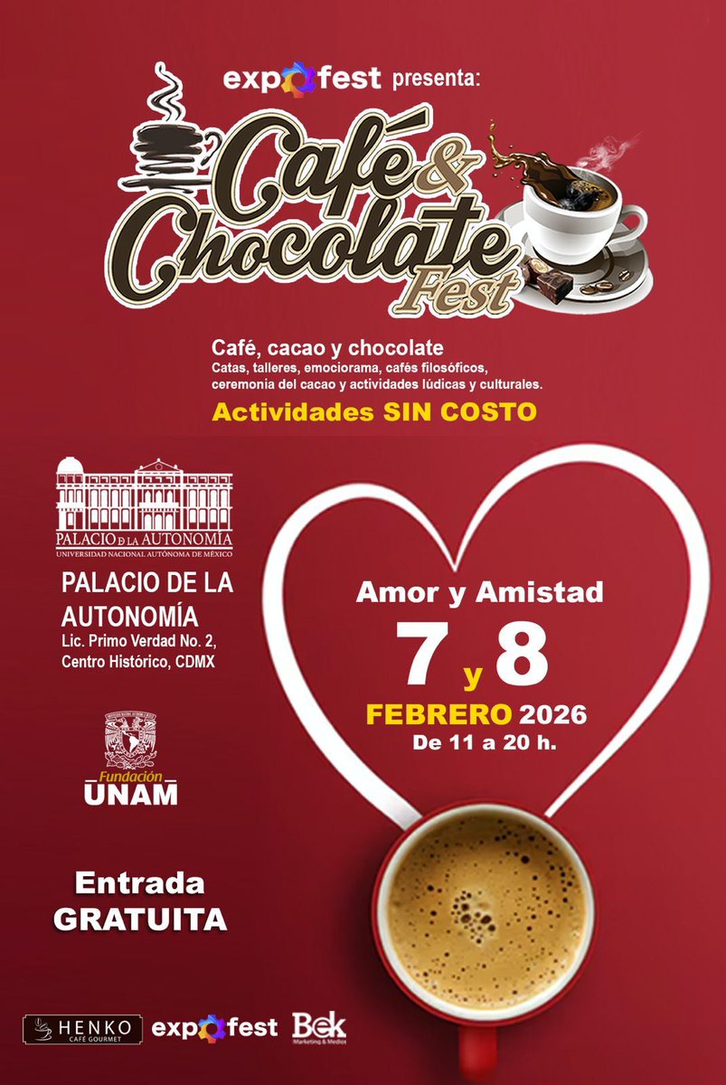 El CAFÉ &amp; CHOCOLATE FEST celebrará el Amor y la Amistad en el <a href="/Museo_Autonomia/">Palacio de la Autonomía UNAM</a>

Una experiencia única con sabores que enamoran, cultura y tradición desde el corazón de la CDMX.

El plan perfecto para compartir en pareja, con amigos o en familia. 

ENTRADA LIBRE