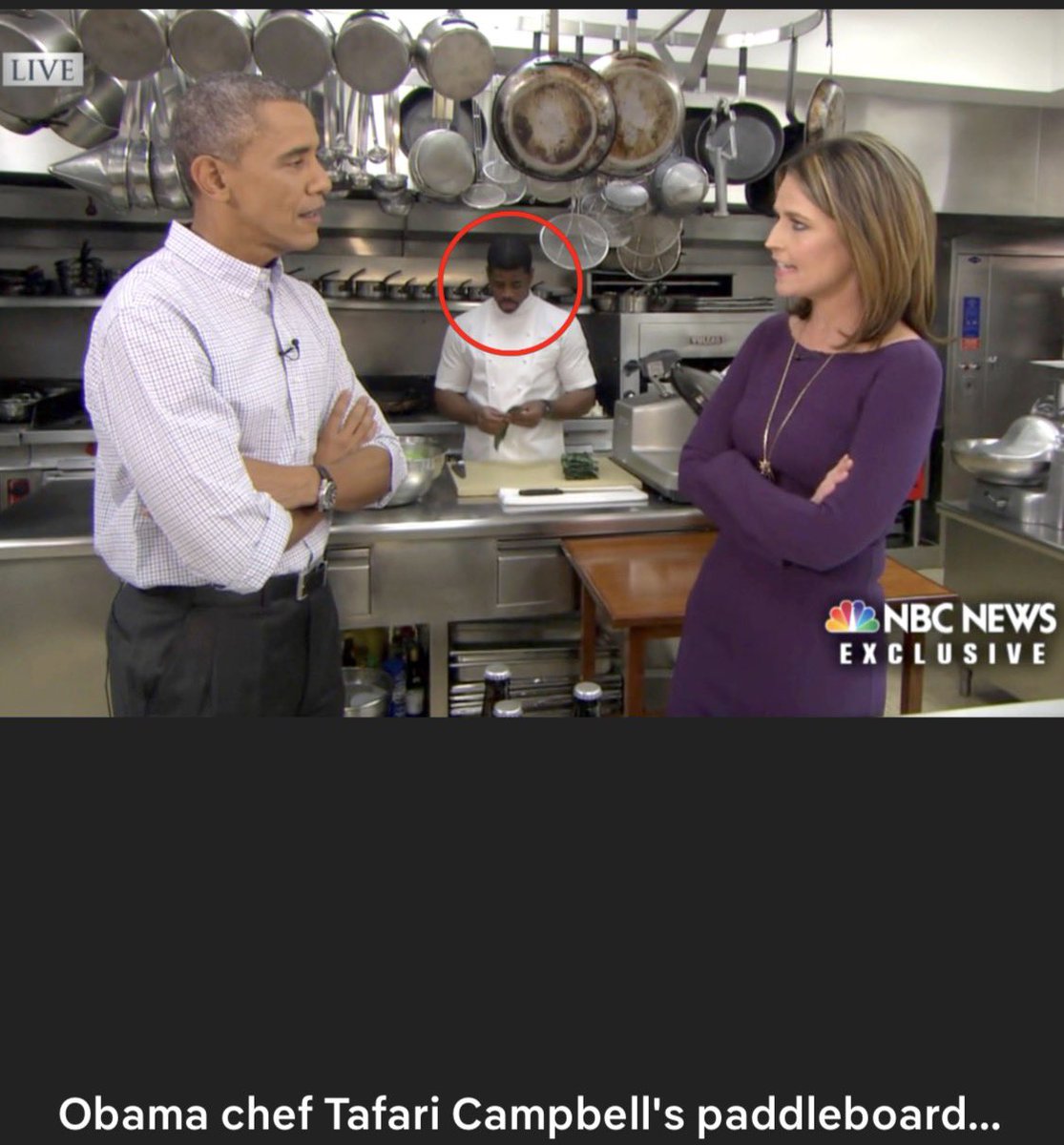 Mia_Stretch's tweet photo. 🚨 RESURFACED BOMBSHELL: The Photo They DON’T Want You to See Again 🚨

Look closely… that’s Tafari Campbell, Barack Obama’s longtime personal chef, standing right there in the White House kitchen during a 2012 TODAY show segment with President Obama and Savannah Guthrie. Smiling, chopping, just doing his job like any other day.

Fast-forward to July 2023: Campbell, 45, goes paddleboarding near the Obamas’ Martha’s Vineyard estate… and never comes back up. 

Body recovered the next day in 8 feet of water, 100 feet from shore. Official ruling? “Accidental drowning.”

Body count 2