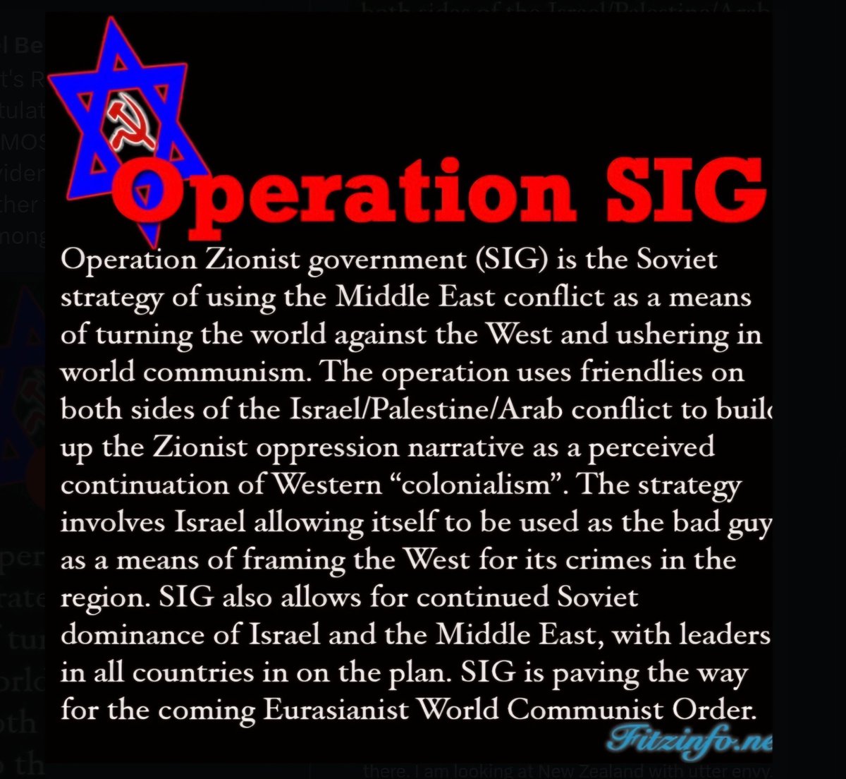 NigelBe96155501's tweet photo. @offgridstone It's called Operation SIG.
Promote the Arab resistance.
Demoralize the West w/honeypots &amp; other scandals.
Politically compromised Western elites &amp; their Israeli handlers responsible for ME bloodshed.
Only Russia &amp; the morally superior East can save us.

h/t @FitzInfo https://t.co/pufkyghqMd