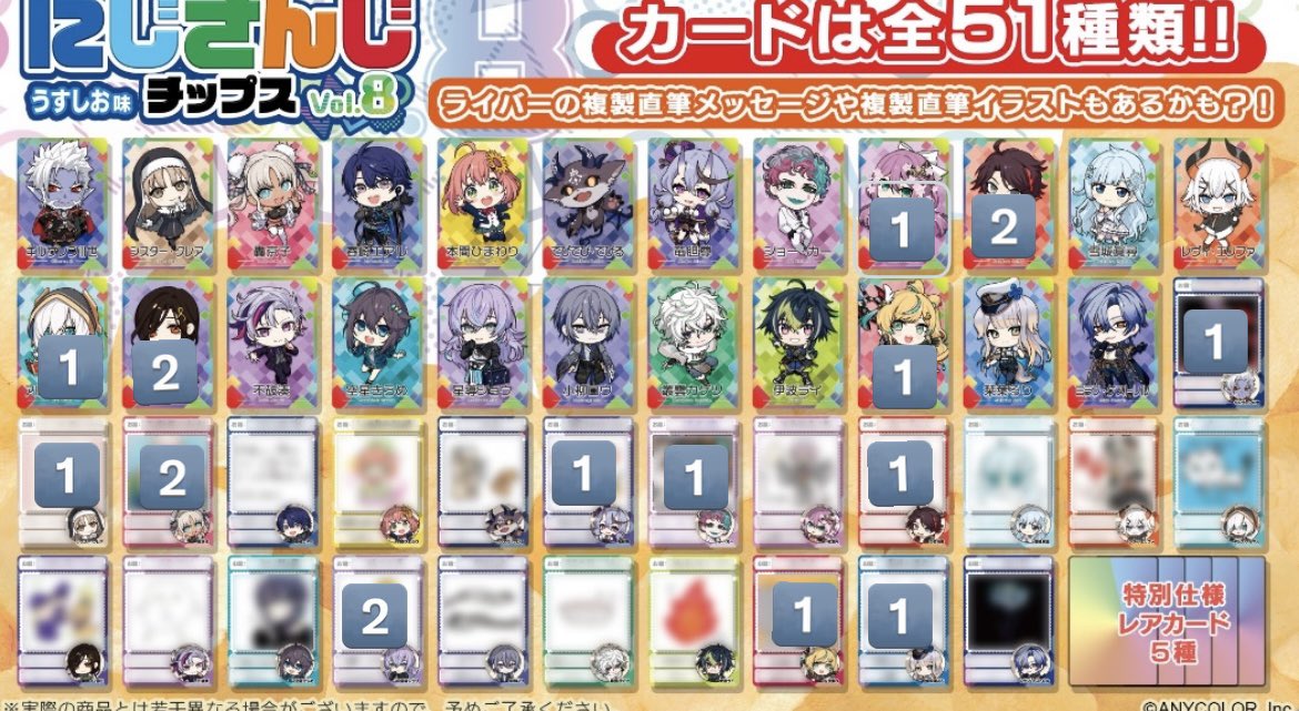 nuaxxy's tweet photo. 【交換】にじさんじ チップスvol.8

譲:画像一枚目
求:画像二枚目 1枚ずつ

纏めての方優先
等身同士、手書き同士などの制限はございません。

郵送希望です🙇‍♀️ ̖́-
検索からでもお気軽にお声掛けください！ https://t.co/LhITcMne20