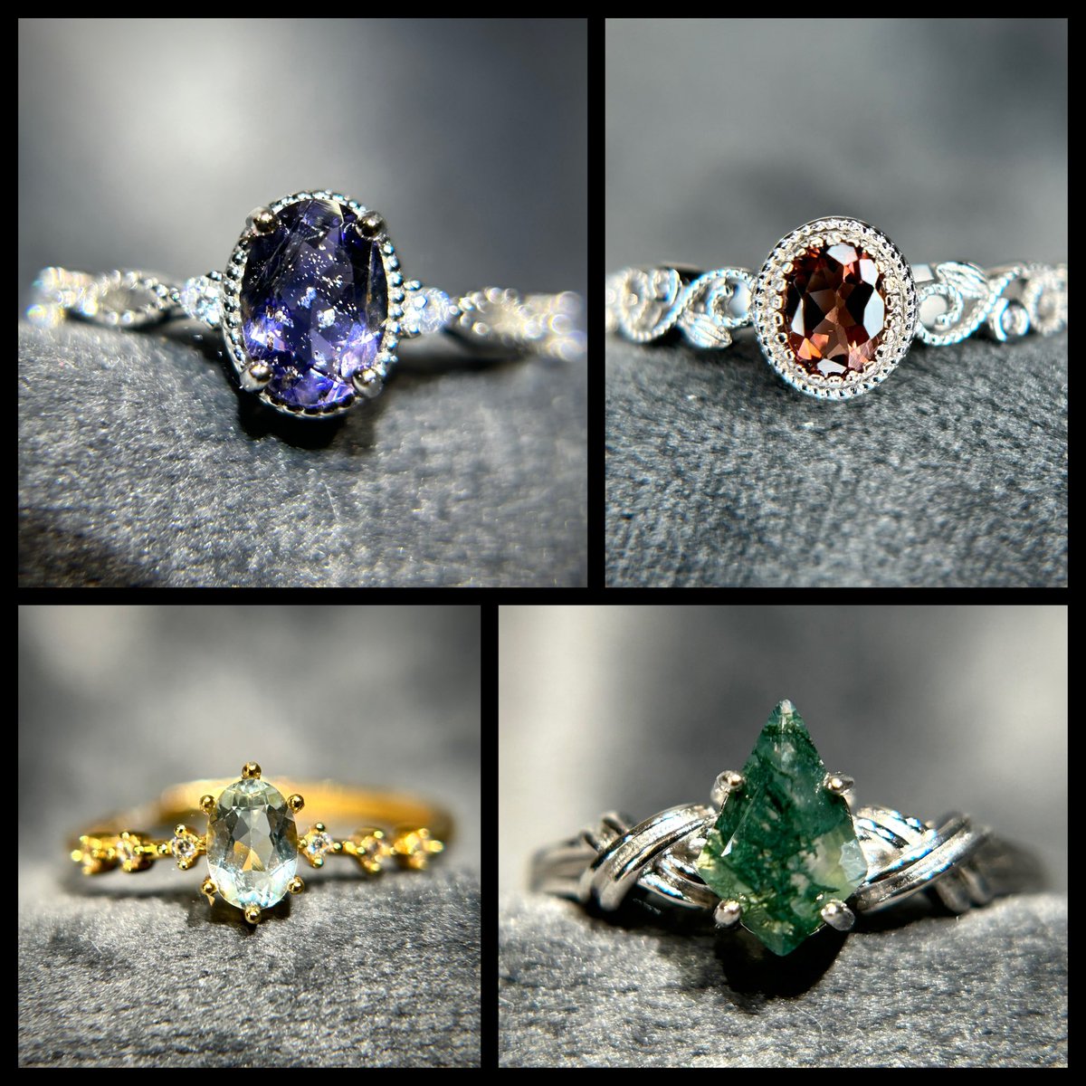 Inormal365's tweet image. 本日はこちらの4点を出品😊
20時～販売開始です。

・アイオライトサンストーンを使用した、クラシカルリング🌌

・アクアマリンのクレールリング🩵

・トルマリンのオリエンタルリング😎

・モスアゲートのクロスラインリング🌱