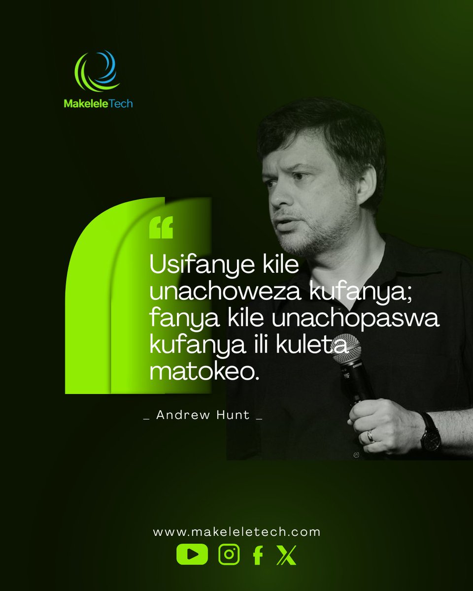 makeleletech's tweet photo. Kuwa na 'skills' ni jambo moja, kutumia hizo skills kutatua tatizo ni jambo lingine. 
​Leo jiulize: Je, unafanya mambo kwa sababu tu unaweza, au unafanya kwa sababu yanatakiwa kuleta matokeo? #MakeleleTech tunachagua matokeo. 

 #TechQuotes #SoftwareEngineering #Tanzania https://t.co/vL8ndcrp2p