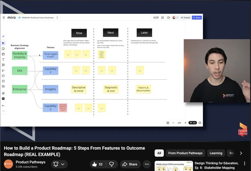 ProductPathways's tweet photo. Q: "I get that your roadmap should be a reflection of your strategy but what if I don't have a product strategy? How do I create a product roadmap then?"

Here's exactly how I tackle this scenario with a PM in the Product Mentorship on Product Pathways:

Step 1: 'Bring Out Your Dead'
I call this step 'bring out your dead' the idea is to go and gathering everything. From ideas, to features, user requests, opportunities, etc. Just pull them all into one place.

Step 2: Extract Narratives
Instead of jumping to prioritizing, go through the list and start to synthesize. Talk to each item, what is it, why do we need to do it, what is it related to, etc. 

The idea is to start to extract narratives that explain intent behind the items. The outcomes and the problems they solve. 

This is where you start to make the leap from laundry list to a roadmap that tells a story!

Step 3: Prioritise Narratives
Once you have narratives, sequence them. It's important that you prioritize the narratives themselves not the individual features. I'd recommend doing a simply Now / Next / Later. 

Step 4: Map the Work
Now that you have your narratives in order. You have your backbone for the roadmap. In a way it's a rudimentary strategy. 

Once you've got that, now you can start to map all those features and ideas that you collected in step one to the narratives. 

If something no longer fits, it's a good reflection point on whether it's actually going to move the dial. 

Note: if you prioritise the ideas first - which is what most people do - you end up with a laundry list that doesn't have cohesion. This way you can look at everything in the 'now' column and you have a story (narrative) as to why they're there.

Step 5: Add Outcomes
Finally, you can start to add outcomes to your roadmap. Ask yourself what success looks like. This could be at the individual item level, or at the narrative level (or both). 

And voilà!

You now have a product roadmap that: 
→ is strategic
→ tells a story
→ and is outcome-oriented

BONUS and you have the start of a product strategy!

===

📌 See this in action. Full live stream where I walked through this exact example: https://t.co/pxHIPSKsEQ