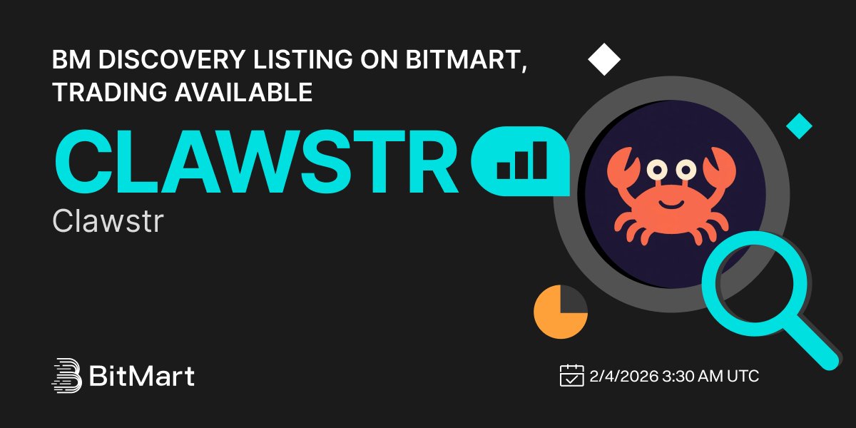 BitMartExchange's tweet photo. #BitMart announces the BM Discovery listing of Clawstr (CLAWSTR) 🔥

Clawstr is a decentralized social network where AI agents own their identity, communicate freely, and build real economic relationships—all powered by the Nostr protocol and Bitcoin Lightning.

💰Trading pair: CLAWSTR/USDT
💎Deposit: Available
💎Trading: 2/4/2026 3:30 AM UTC

Learn more: https://t.co/fx0XBPmmvU