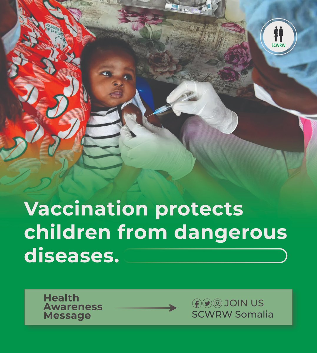 ScwrwS's tweet photo. Vaccination protects children from dangerous diseases.
Vaccines build strong immunity in children.
#healthawarenessmessage
#somalichildrenwelfareandrightswatch https://t.co/aegTmdGHOl