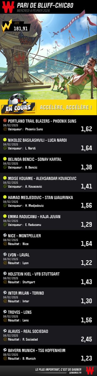 Cote @181 🧨🤯 (ont va choqué)

Bonne chance 🍀 

LIKE ❤️ + RT si t’en veux un autre …. 

Voici le lien du ticket : winamax.link/AZ8ya
