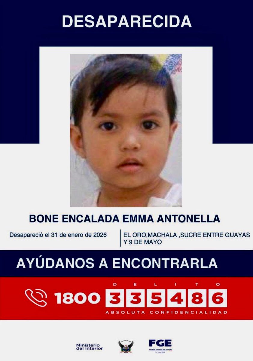 🛑#DesaparecidosEcuador | #ElOro: si tienes información sobre la ubicación de Emma Antonella Bone Encalada y Kristel Nicole Encalada Chamba, comunícate de inmediato con las autoridades. 

Fueron vistas por última vez el 31 de enero de 2026 en #Machala.