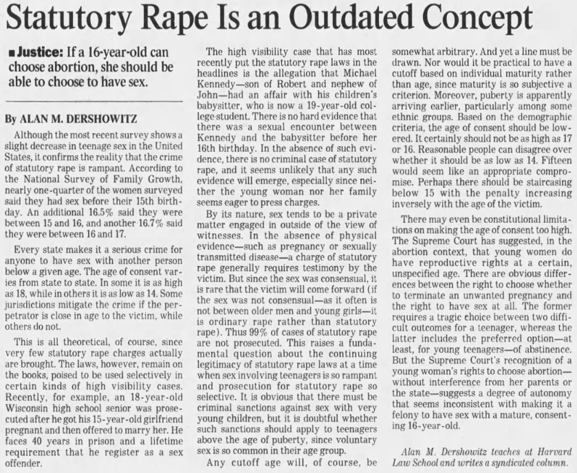 LowFlyingDonut's tweet photo. @BMarchetich Alan Dershowitz pushing for the age of consent to be lowered to 14 years of age in 1997. All the signs were there. https://t.co/zNSWv02hJk