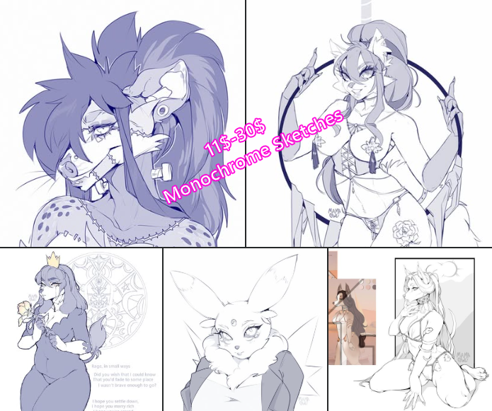 In the meantime while I'm job hunting I'm offering monochrome sketches, since they take the less time. I'm going to be finishing up the ones I owe this week, hopefully.

Prices are subject to change depending on character detail! 

furaffinity.net/journal/113030…