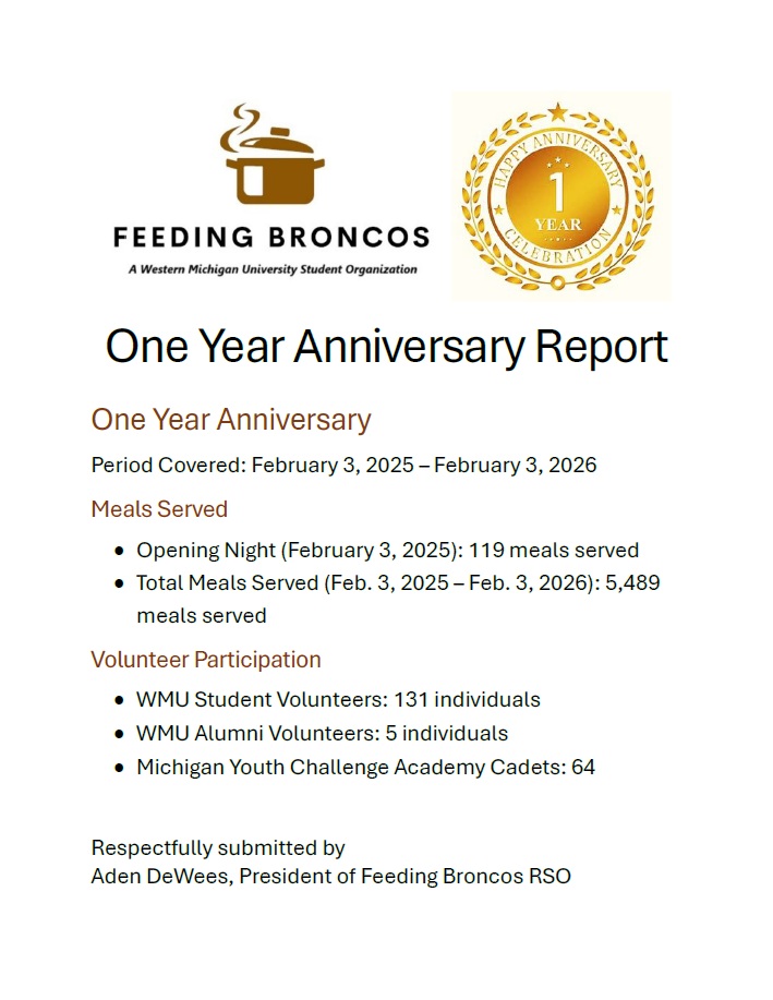 <a href="/FeedingBroncos/">FeedingBroncos</a> will celebrate our first anniversary dinner with a free steak or lobster tail dinner from 5 to 6 p.m. on Thursday, February 5th, at our Kanley Chapel meal site. Open to all <a href="/WesternMichU/">Western Michigan University</a> students, their spouses, and children with a valid university ID.
