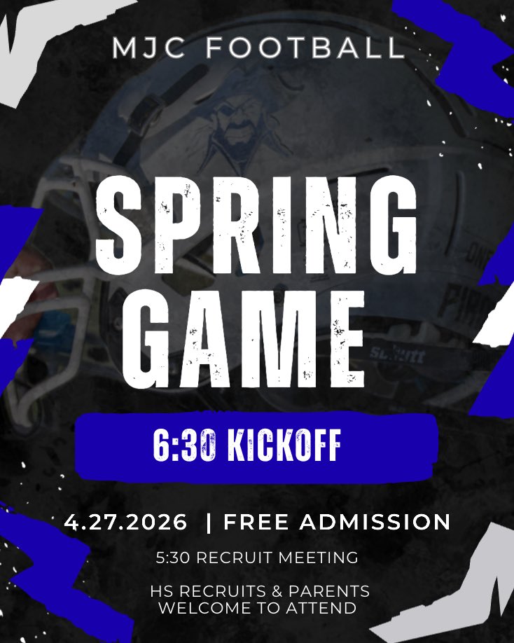 <a href="/MJCFootball/">MJC Football</a> Spring Game

🗓️  Monday April 27th
⏰  6:30pm Kickoff
💵  FREE Admission

Mark your calendars… you won’t want to miss this #ONE

🏴‍☠️ 🏈