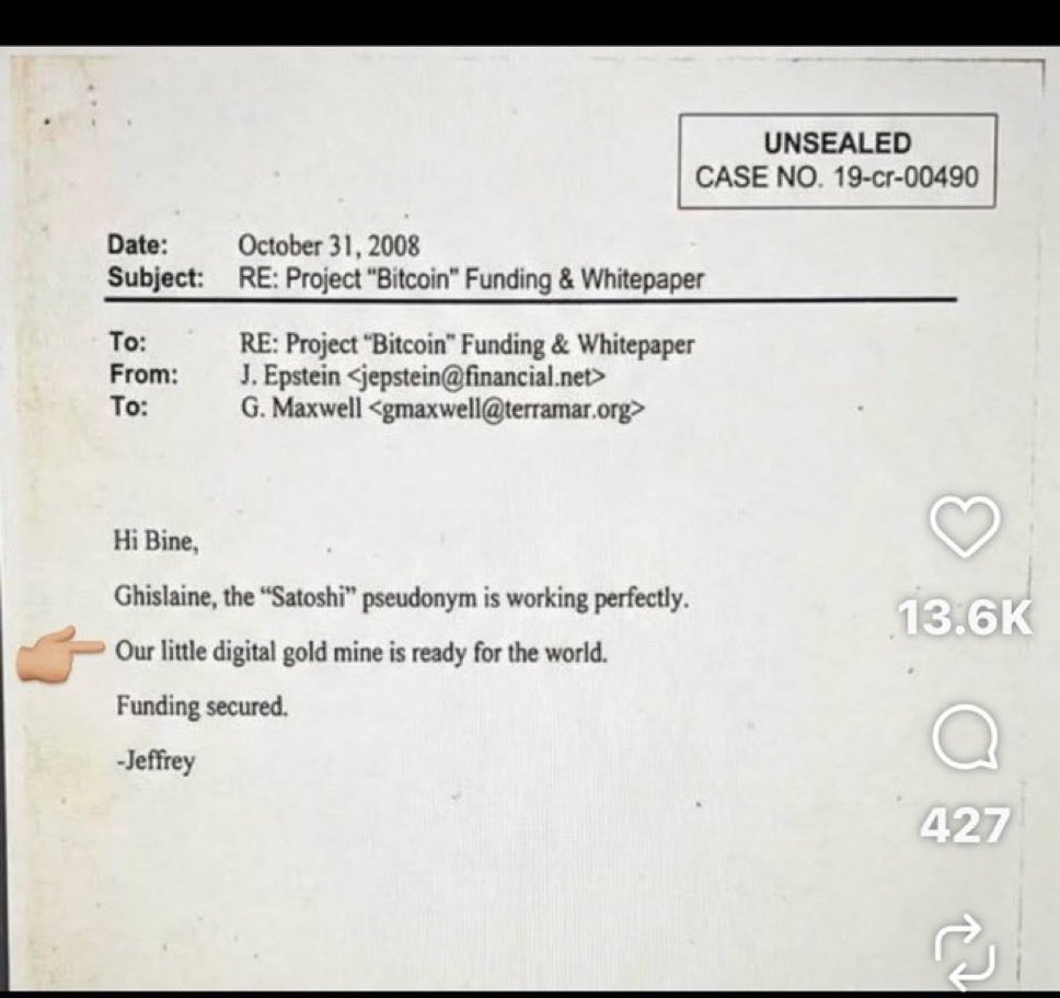 The psyop to make people think Epstein was Satoshi is out of control.

This has over 13K likes on Instagram.

This case number doesn’t come up in the files.

There two To: fields

There was no “funding secured” when the real Satoshi released the white paper.