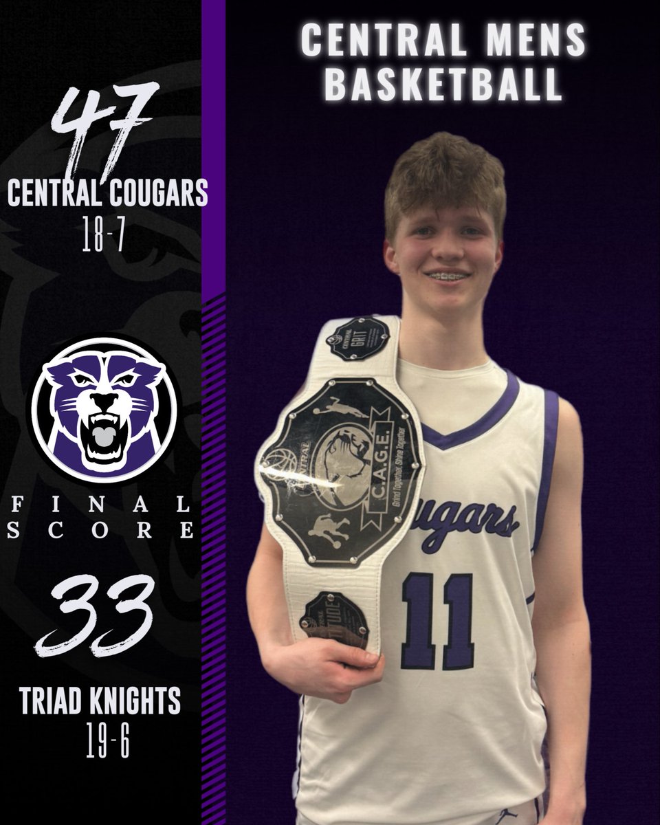 COUGS WIN!

Central - 47
Triad - 33

Ryder Burgmeier earns the C.A.G.E. Belt with 20 pts, 5 rebs, 3 dimes.  

Wieter adds 9, Schrage chips in 8. 
Next game: Fri (2/6) at Mater Dei.

#TraditionNeverGraduates
#UnitedWeBallDividedWeFall