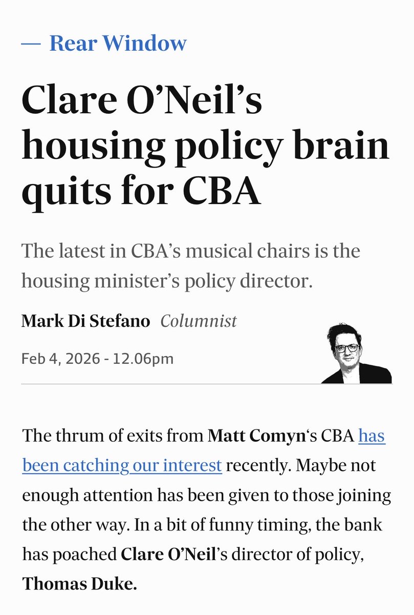 MarkDiStef's tweet photo. The minister for higher housing prices gets her policy chief poached away to the country’s largest home loan lender. 

Sicko stuff. https://t.co/es7M9BNGiW