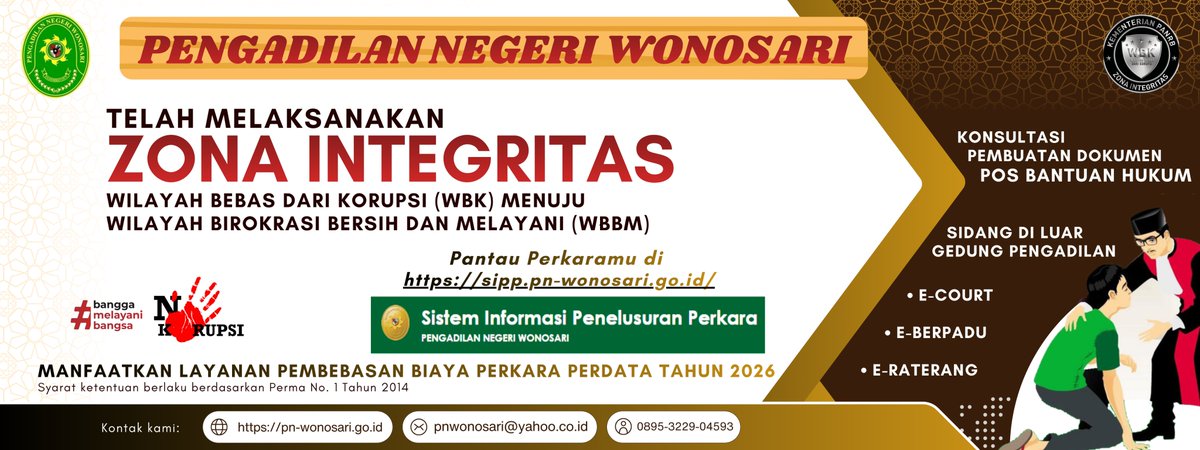 pnwonosari's tweet photo. PN Wonosari terus melaksanaan zona integritas. Mari dukung kami dengan tidak memberikan tips, suap, dan/atau gratifikasi dalam bentuk apapun. https://t.co/eIFPAGK1al