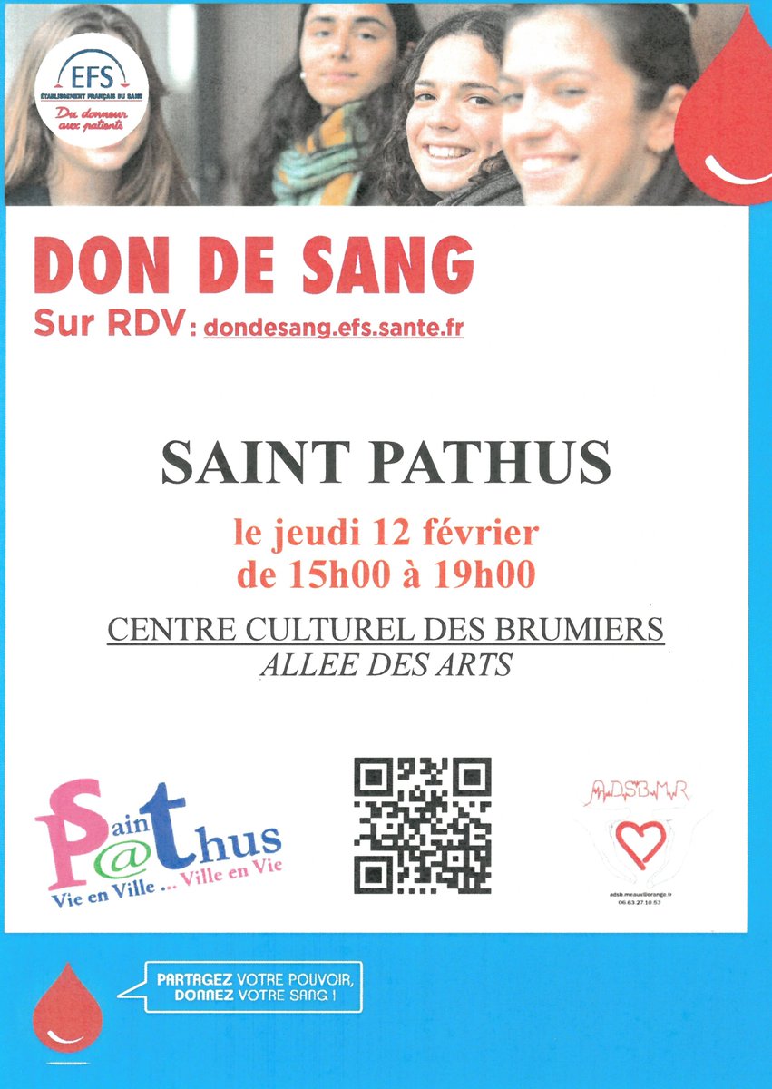AdsbDe's tweet photo. #Dondesangbénévole #SaintPathus L’Association pour le Don de Sang Bénévole de Meaux et sa région communique la date d’une collecte de sang à Saint Pathus. https://t.co/uZkHqZWuAs