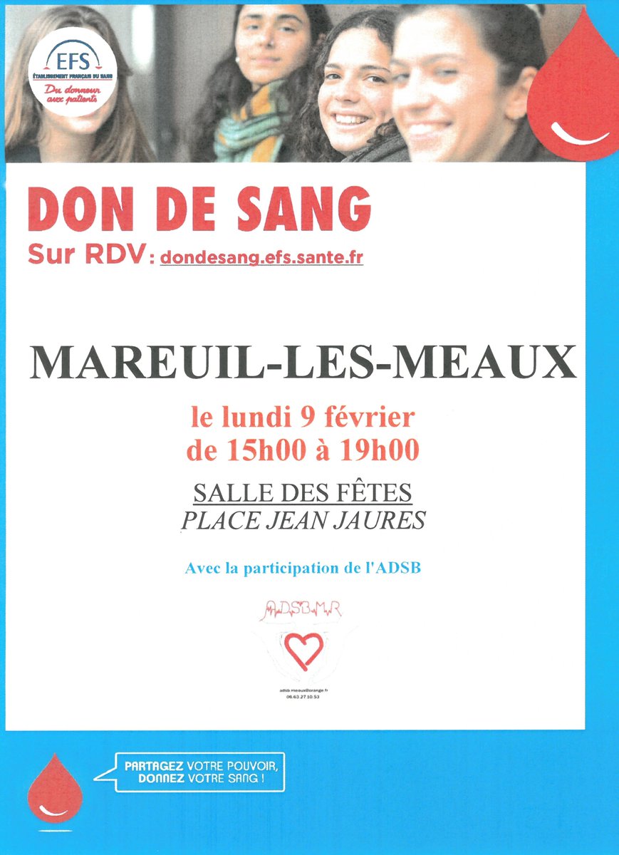 AdsbDe's tweet photo. #Dondesangbénévole #MareuilLesMeaux L’Association pour le Don de Sang Bénévole de Meaux et sa région communique la date d’une collecte de sang à Mareuil-Les-Meaux. https://t.co/Y7tZA2DmAz