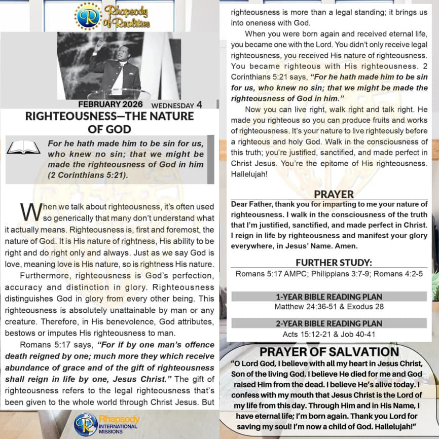 Righteousness is God's own nature—His perfect rightness, accuracy, and distinction in glory. Through Christ's sacrifice, God imputes and imparts His righteousness to believers as a gift. When born again, Christians receive not just legal justification but God's very nature of