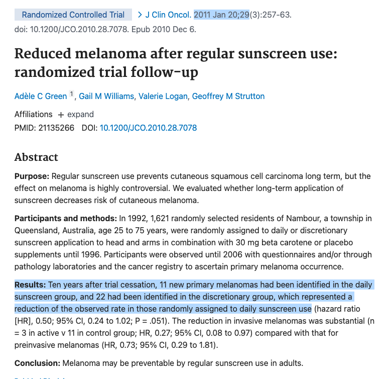 rvdemonk's tweet photo. this is slippery and duplicitous courseboi grift

for anyone reading these threads, notice that Zaid only posts Green et al. (1994) -- the trial design paper -- and the 1999 results.

he doesn't show you the 15 YEAR FOLLOW-UP PAPER that found a 73% reduction of invasive melanoma in sunscreen wearers

he is either ignorant of the paper or is hoping you won't look for it yourself

melanoma takes over a decade to develop, hence the follow-up

the most insidious part of Zaid's advice: by the time you realize it is a grift, it will be too late. melanoma doesn't give you a second chance to re-evaluate your substack subscriptions