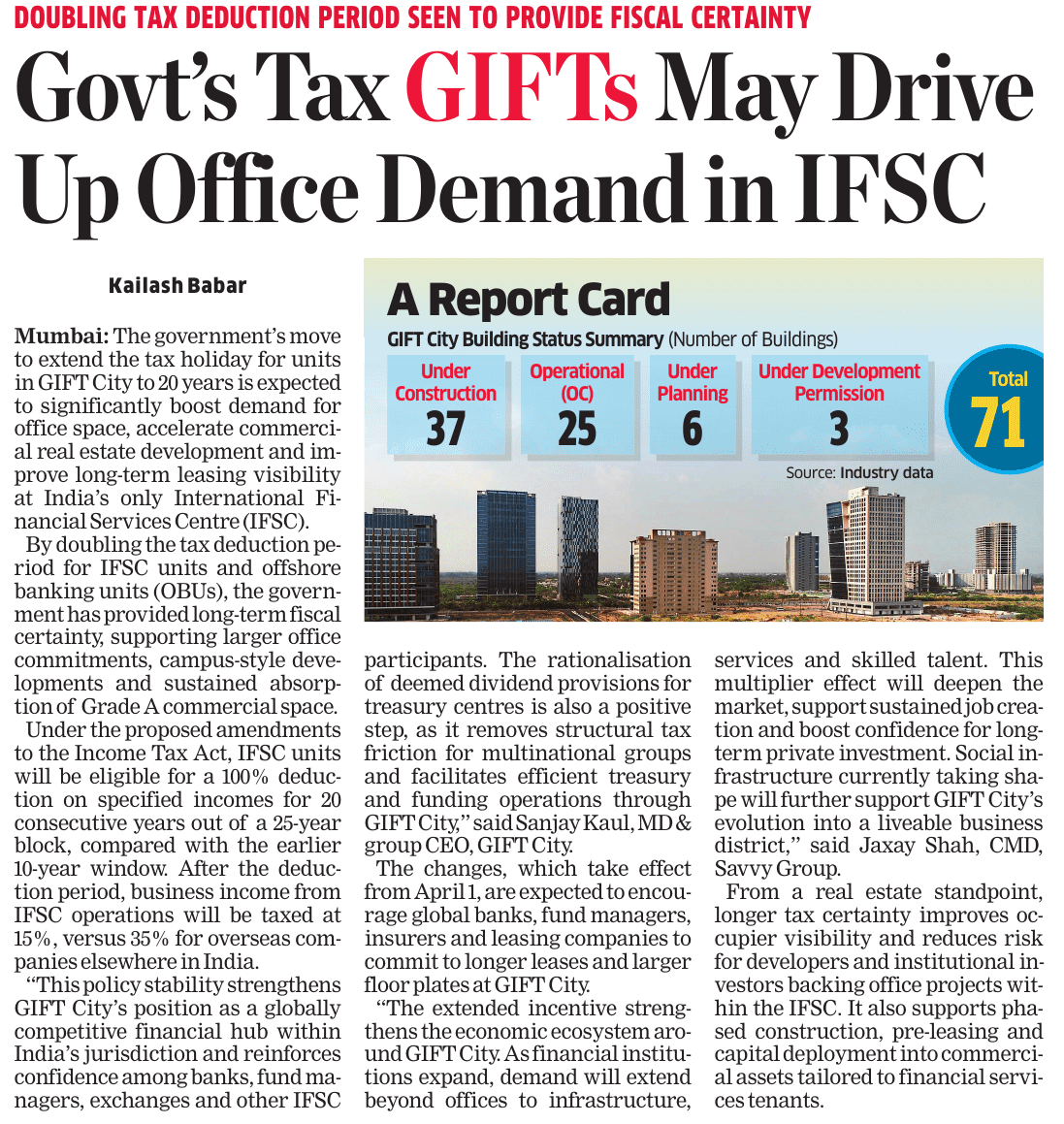 KailashBabar_'s tweet photo. #Govt doubles #GIFTCity #tax holiday to 20 yrs, major push for #India’s #IFSC. Expect stronger office demand, longer #leases &amp; accelerated #realestate growth with fiscal certaint
https://t.co/OtWi4iXrSm @EconomicTimes  #Realty #Budget2026 #finance https://t.co/usA9OVa0Ye