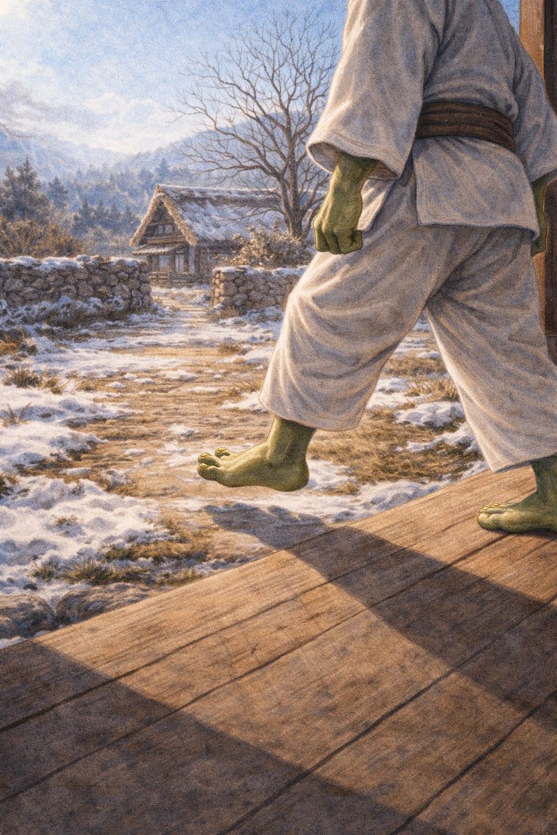 SatoriHopper's tweet photo. He steps into the light.
The snow is thin,
but the path is clear.
Not hurried,
not delayed.
Just one quiet step.

光の中へ踏み出す。
雪はまだ残るが、
道は澄んでいる。
急がず、
遅れず。
ただ一歩。

#SatoriHopper #ZenFrog #WinterSun #Mindful #FantasyArt https://t.co/MxlJN9xzHP