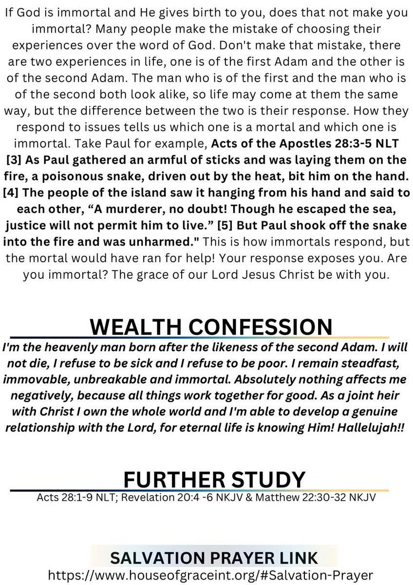 houseofgracent's tweet photo. Grace, mercy and peace from God the Father and Christ Jesus our Lord.🙏🏽😇

Please receive today’s Treasures of Christ Daily Devotional "WE ARE IMMORTALS" https://t.co/7kgpv8oh3y