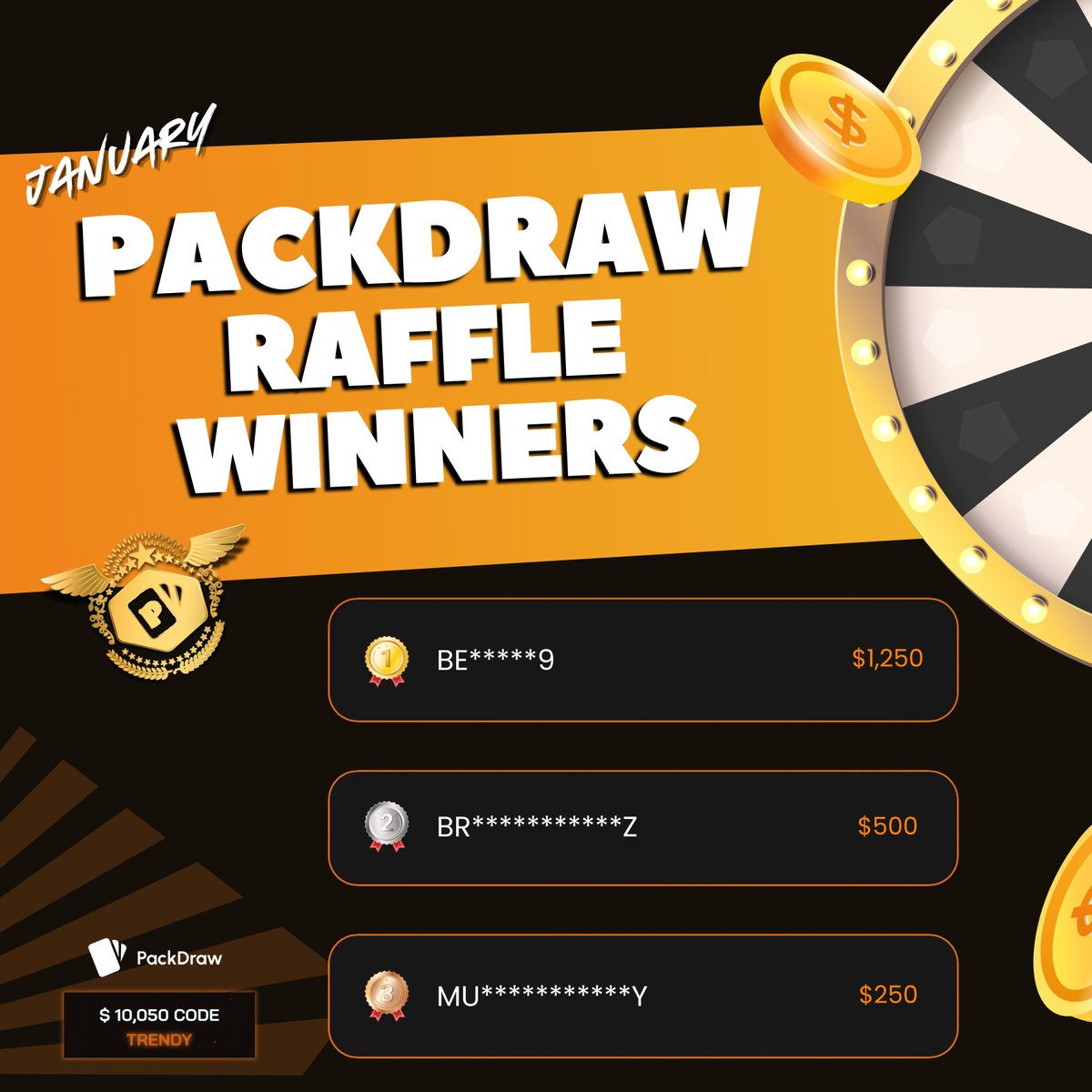 Another month, another set of Packdraw Raffle winners! 🎉

You can always check out the latest $10,000 <a href="/PackDraw/">PackDraw</a> MONTHLY LEADERBOARD at trendyallin.gg 💰