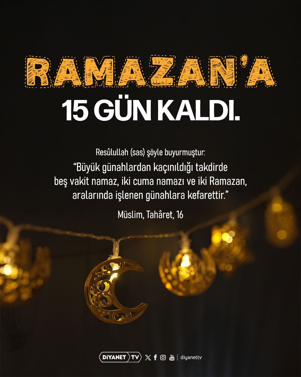 🌙 Ramazan'a 15 gün kaldı.

Paylaşarak herkesin hatırlamasına vesile olalım... 🔁

#Ramazan