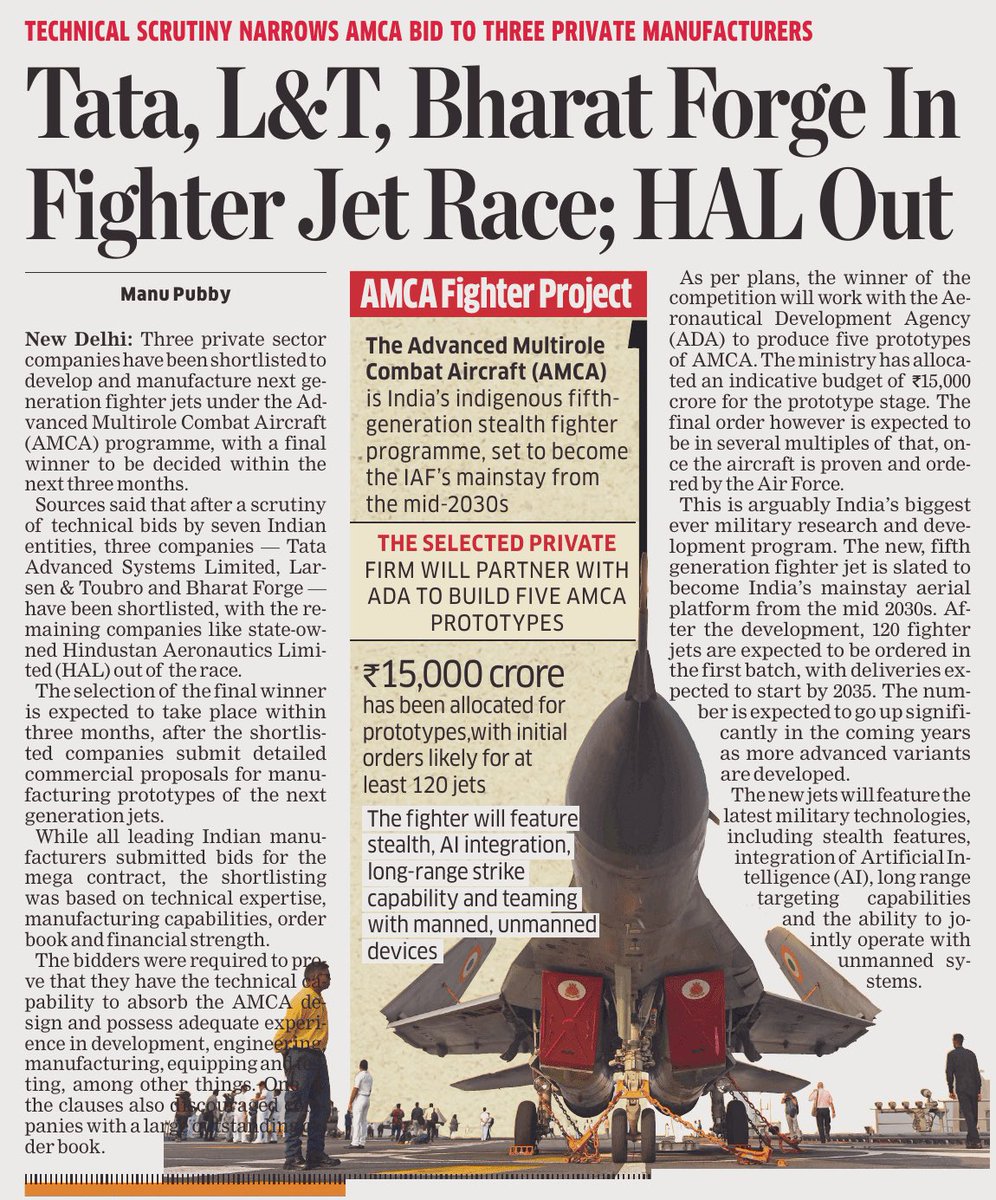 livefist's tweet photo. Huge. HAL out of the race to develop &amp; manufacture India’s stealth fighter AMCA, report @manupubby &amp; @rahulsinghx. Will be the first purely private sector driven combat aircraft effort in India. https://t.co/ihJH39QeXE