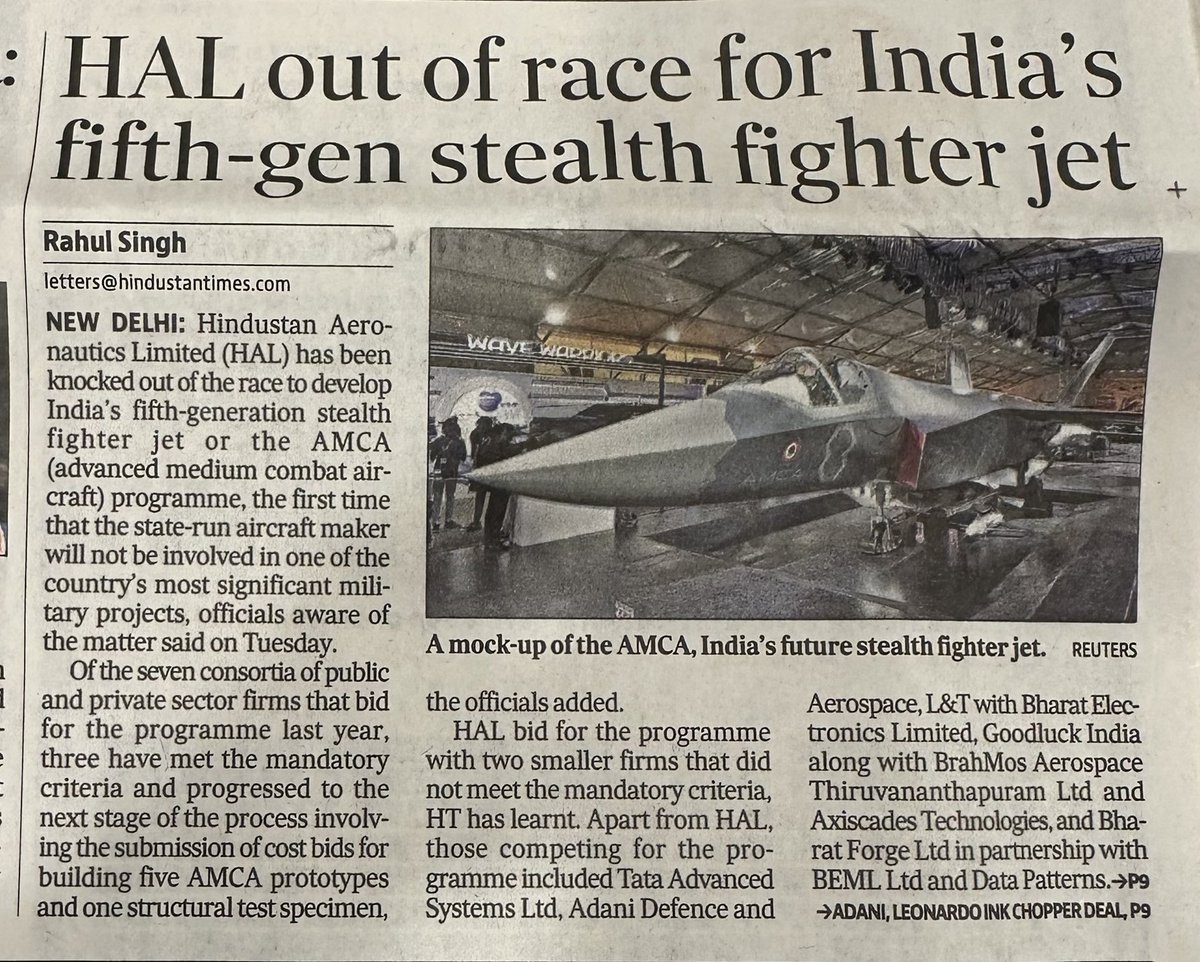 livefist's tweet photo. Huge. HAL out of the race to develop &amp; manufacture India’s stealth fighter AMCA, report @manupubby &amp; @rahulsinghx. Will be the first purely private sector driven combat aircraft effort in India. https://t.co/ihJH39QeXE