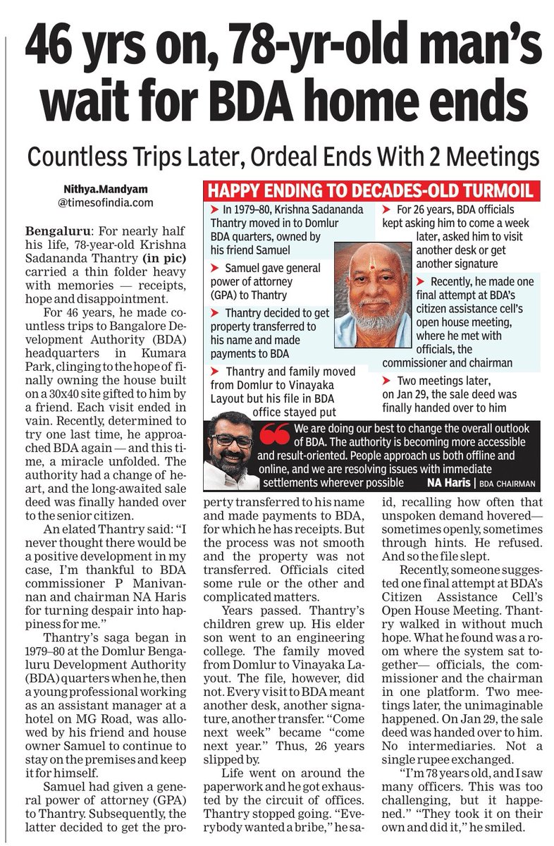 BDAOfficialGok's tweet photo. Ensuring rightful ownership, upholding citizen trust. BDA has facilitated the issuance of the sale deed to 78-year-old Shri Krishna Sadananda Thantry, resolving a long-pending case. 📖 Covered in today’s The Times of India.
#BDA #BDAupdates #BDAOfficial #BDATweets #BDAResponsive #BDACitizenFirst #NammaBengaluru
@CMofKarnataka
@DKShivakumar
@mlanaharis
@Captain_Mani72
@TOIBengaluru